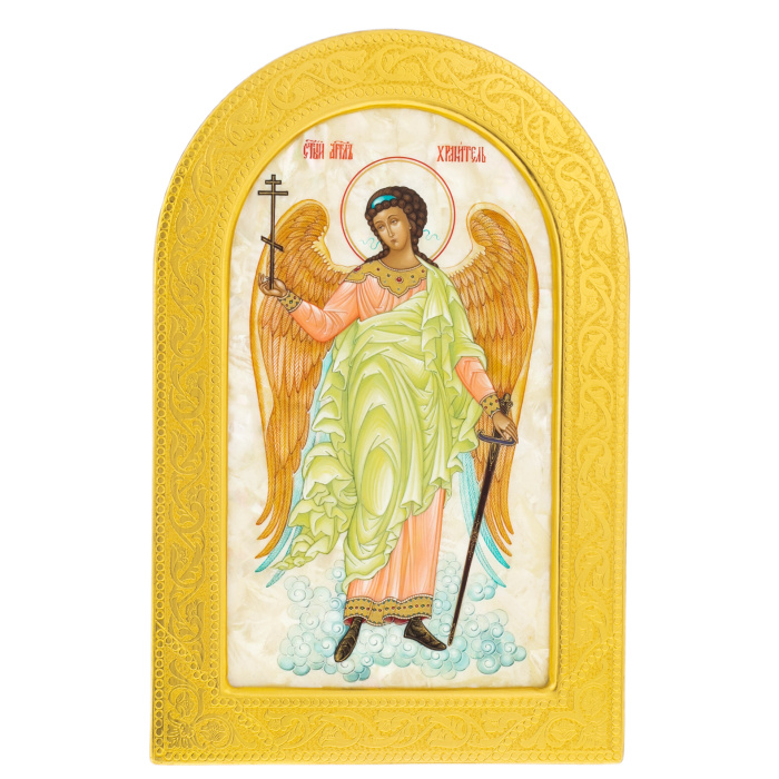 Икона на натуральном перламутре "Ангел Хранитель" в золотой раме