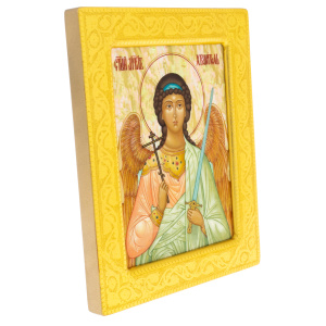 Икона на натуральном перламутре "Ангел Хранитель" в золотой раме и чеканкой