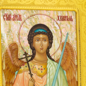 Икона на натуральном перламутре "Ангел Хранитель" в золотой раме и чеканкой