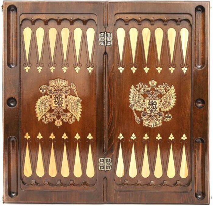 Carved backgammon from beech "Coat of Arms of the Russian Federation 1"