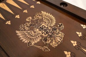 Carved backgammon from beech "Coat of Arms of the Russian Federation 1"