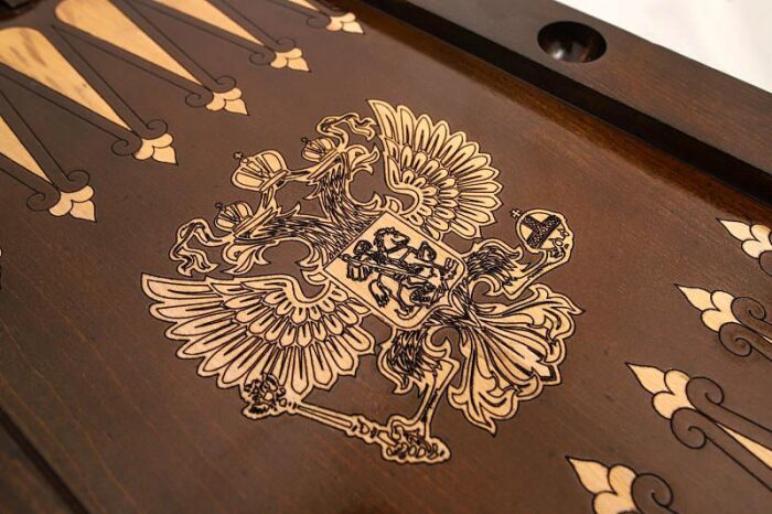 Carved backgammon from beech "Coat of Arms of the Russian Federation 1"