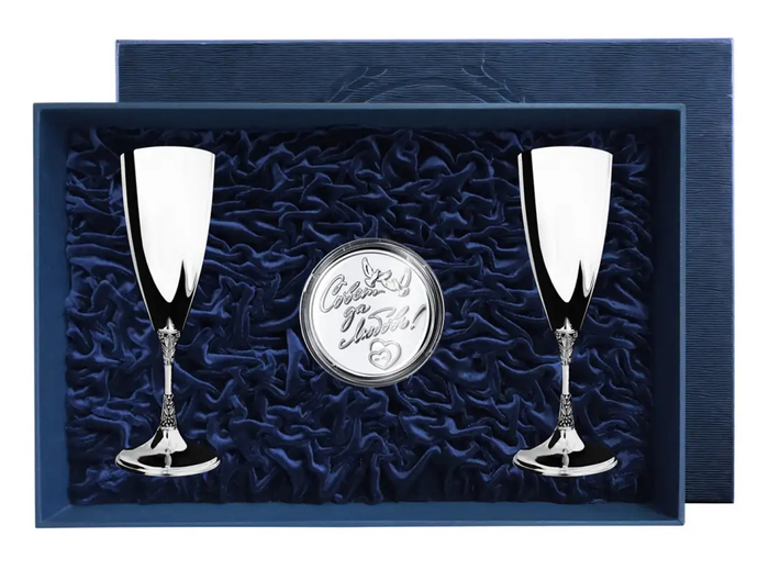 Серебряный набор для шампанского "Совет да любовь": монета, фужер