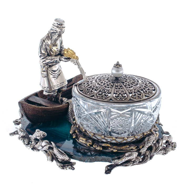 Caviar bowl "Old man with a seine" Zlatoust, silvering
