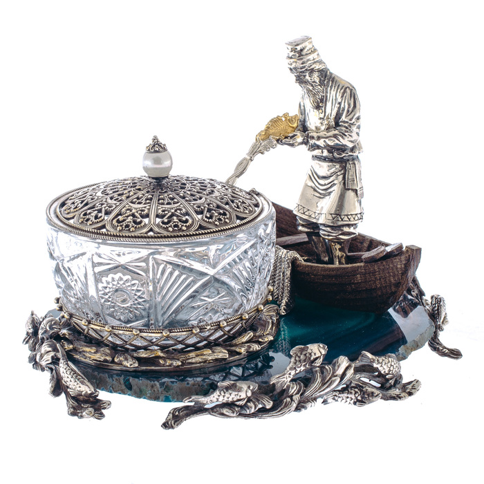 Caviar bowl "Old man with a seine" Zlatoust, silvering