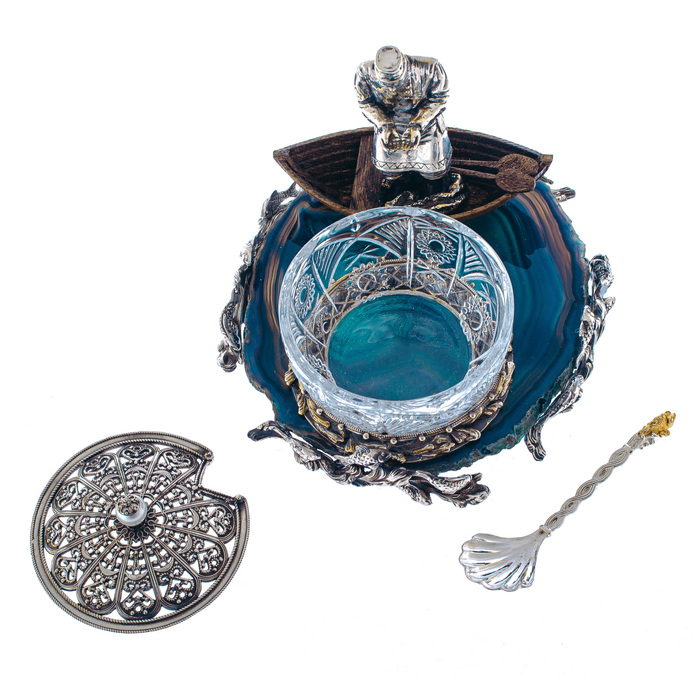 Caviar bowl "Old man with a seine" Zlatoust, silvering