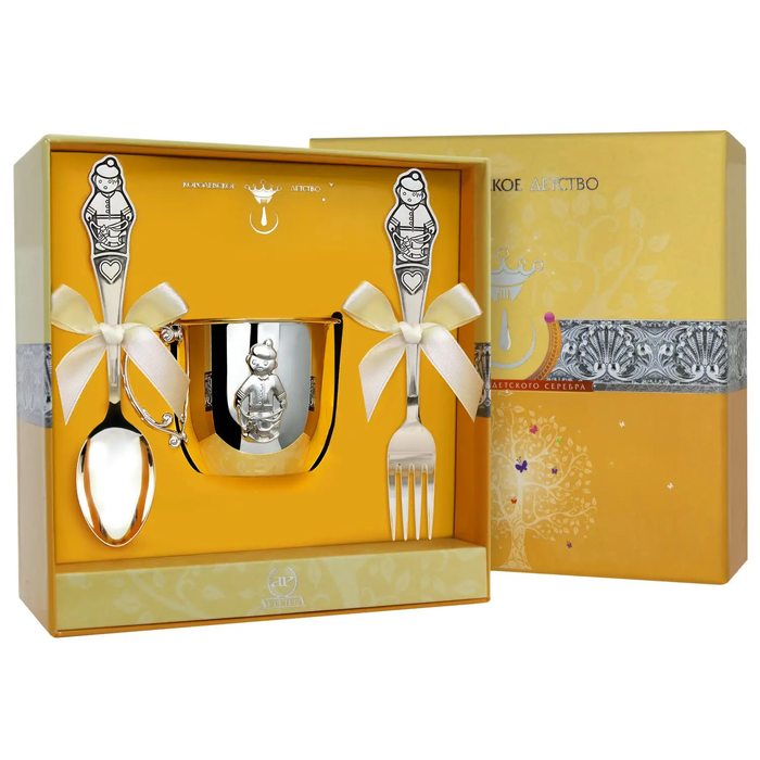 Set of silver children's CD "Boy": fork, mug, spoon