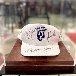 Cap with autographs of golfers Jack Nicklaus, Tom Watson, Nancy Lopez, Julie Inkster, wood