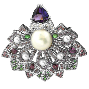 APHRODITA brooch in white gold with diamonds, amethysts, sapphires, pearls and other stones