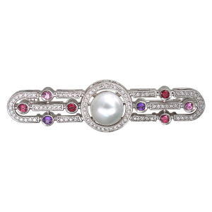 APHRODITA brooch in white gold with diamonds, amethysts, sapphires, pearls and other stones
