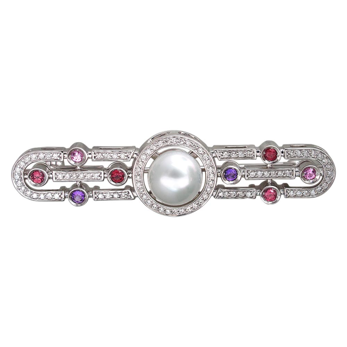 APHRODITA brooch in white gold with diamonds, amethysts, sapphires, pearls and other stones