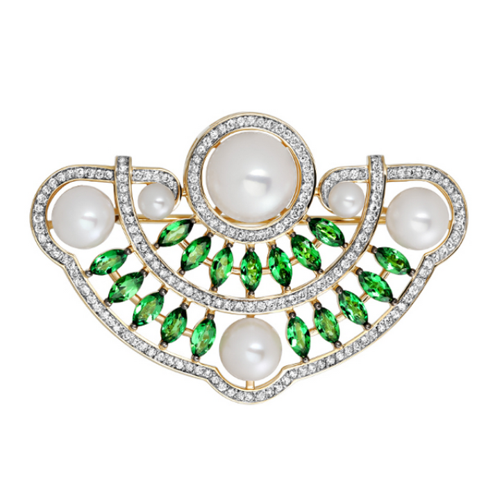 APHRODITA brooch in yellow gold with diamonds, tsavorites and pearls