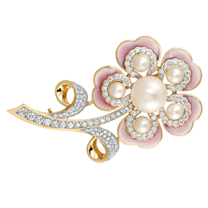 APHRODITA brooch in yellow gold with diamonds and pearls