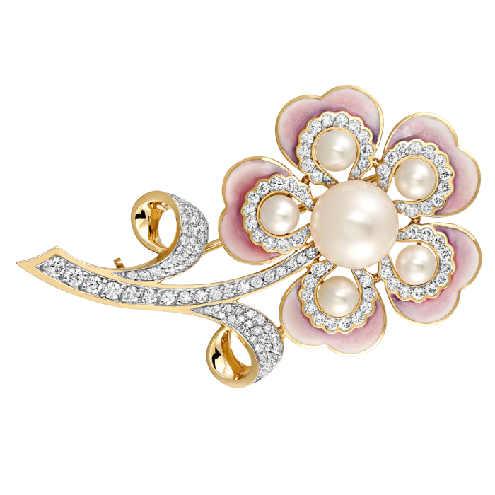 APHRODITA brooch in yellow gold with diamonds and pearls