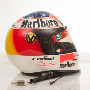 The helmet with the autograph of the racer Michael Schumacher
