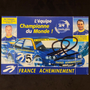 An autographed card of racing driver Nigel Mansell
