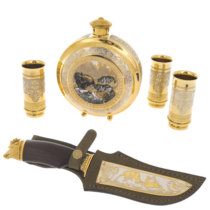 Vodka set with flask and knife "Hunting" Zlatoust