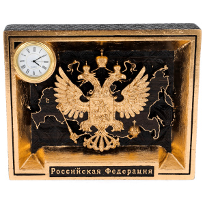 Stained oak panel "Coat of Arms of Russia" with clock and gilding