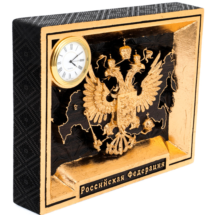 Stained oak panel "Coat of Arms of Russia" with clock and gilding