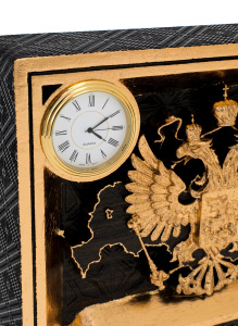 Stained oak panel "Coat of Arms of Russia" with clock and gilding