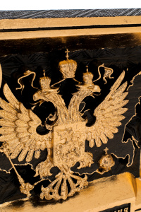 Stained oak panel "Coat of Arms of Russia" with clock and gilding