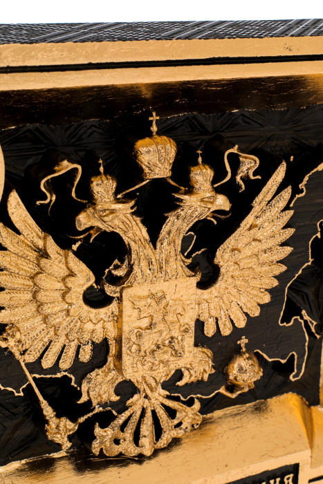 Stained oak panel "Coat of Arms of Russia" with clock and gilding