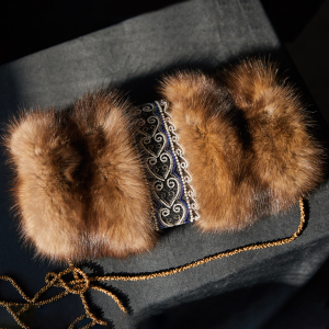 Sable fur clutch "White hearts" with embroidery