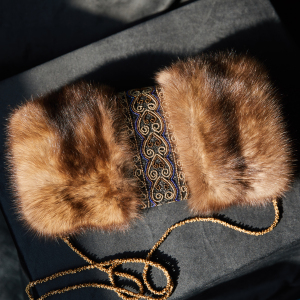 Sable fur clutch "Golden hearts" with embroidery