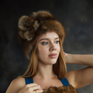 Women's headdress "Boyarka" made of sable fur, with a pompom