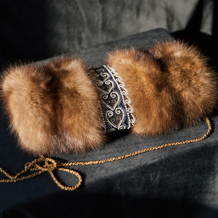 Sable fur clutch "White hearts" with embroidery