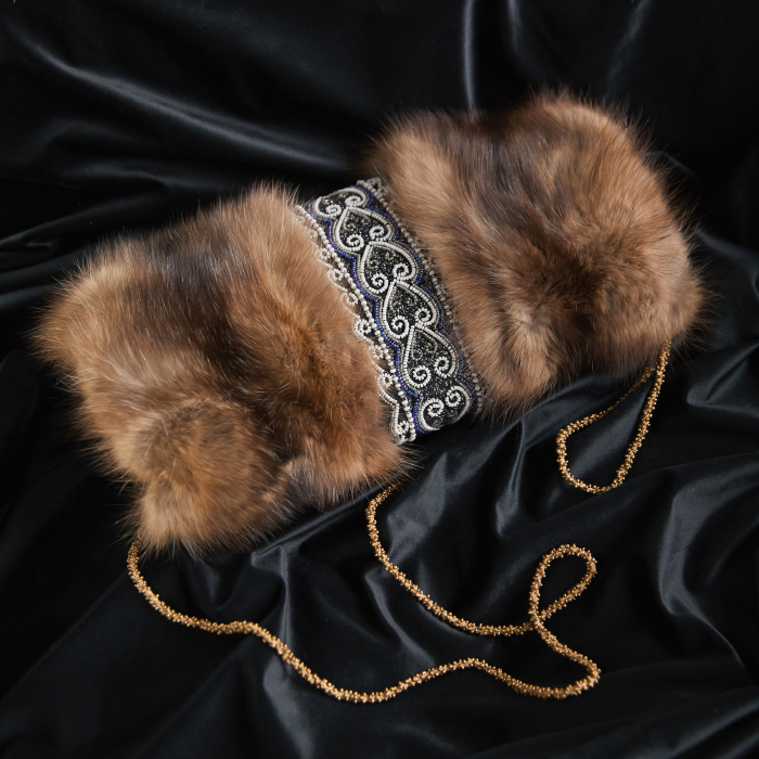 Sable fur clutch "White hearts" with embroidery