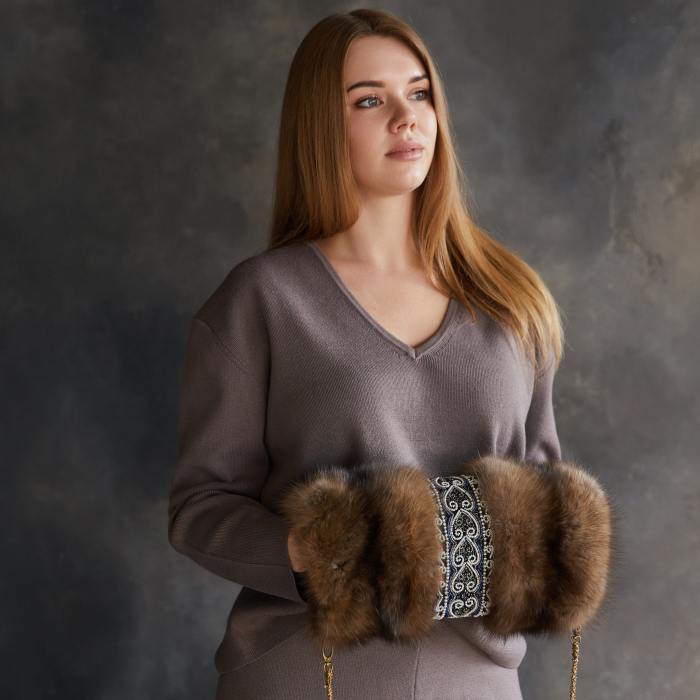 Sable fur clutch "White hearts" with embroidery