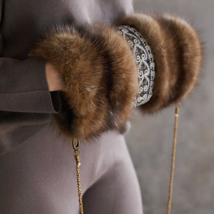 Sable fur clutch "White hearts" with embroidery