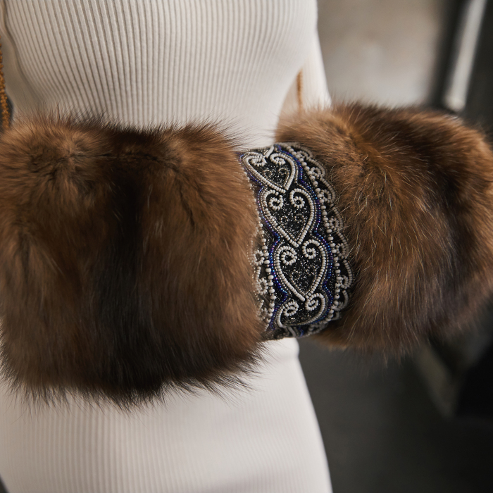 Sable fur clutch "White hearts" with embroidery