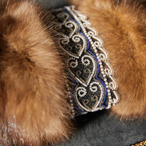 Sable fur clutch "White hearts" with embroidery