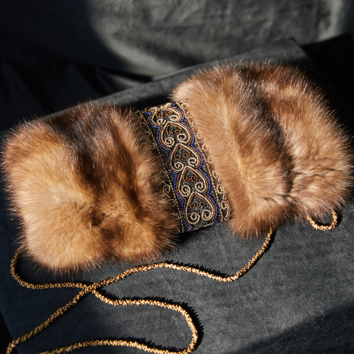 Sable fur clutch "Golden hearts" with embroidery