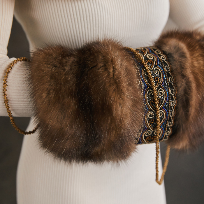 Sable fur clutch "Golden hearts" with embroidery