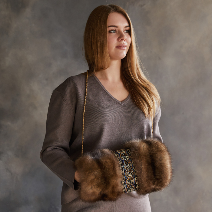Sable fur clutch "Golden hearts" with embroidery
