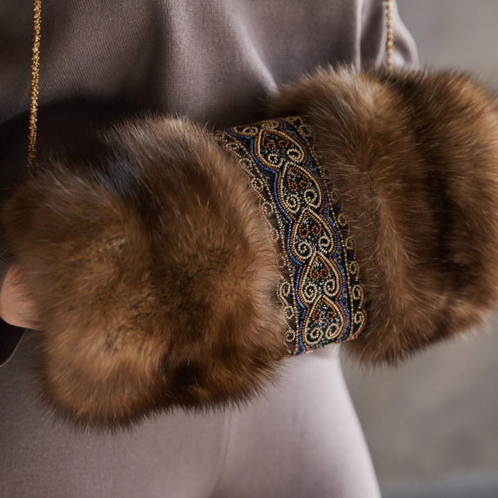 Sable fur clutch "Golden hearts" with embroidery