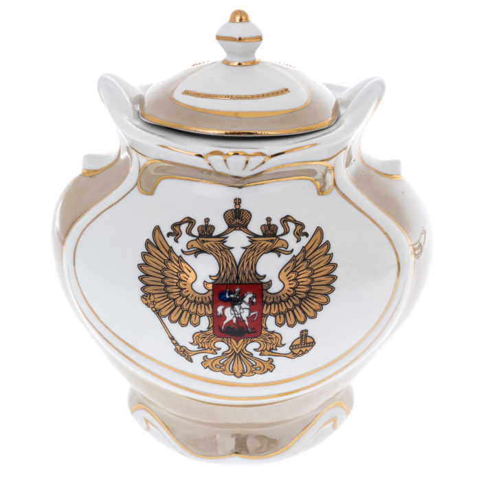 Самовар фарфоровый "Гербовый" бежевый, в подарочной коробке
