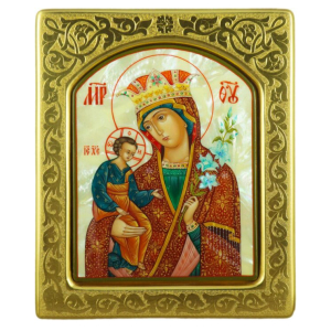 Mother-of-pearl icon "Our Lady of Unfading Color" in a gold frame with embossing