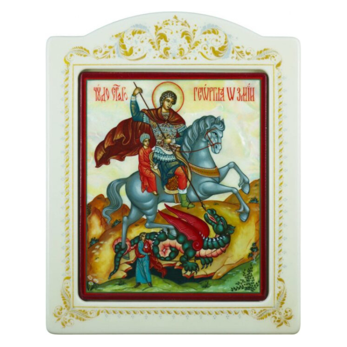Mother-of-pearl icon "George the Victorious" in a frame with an ornament