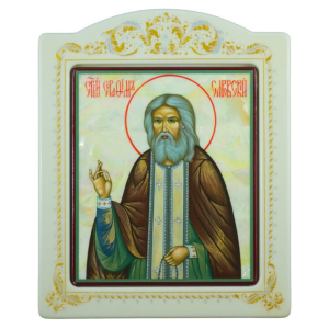 Mother-of-pearl icon "Seraphim of Sarov" in a frame with an ornament