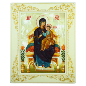 Icon of the Mother of God on the Throne with mother of pearl in a white frame