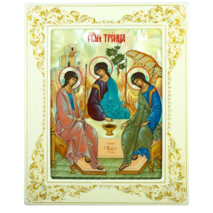 Icon of the Holy Trinity with mother of pearl in a white frame