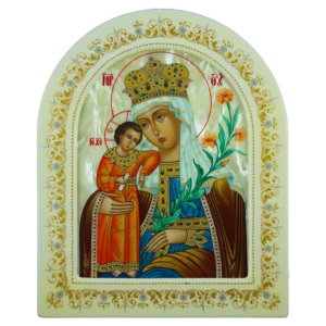 Icon "Our Lady of Unfading Color" with mother of pearl in a white frame (arch)