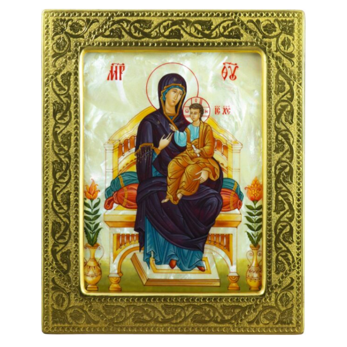 Icon of the Mother of God on the Throne on natural mother-of-pearl in a gold frame