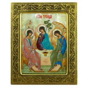 Icon of the Holy Trinity on natural mother-of-pearl in a gold frame