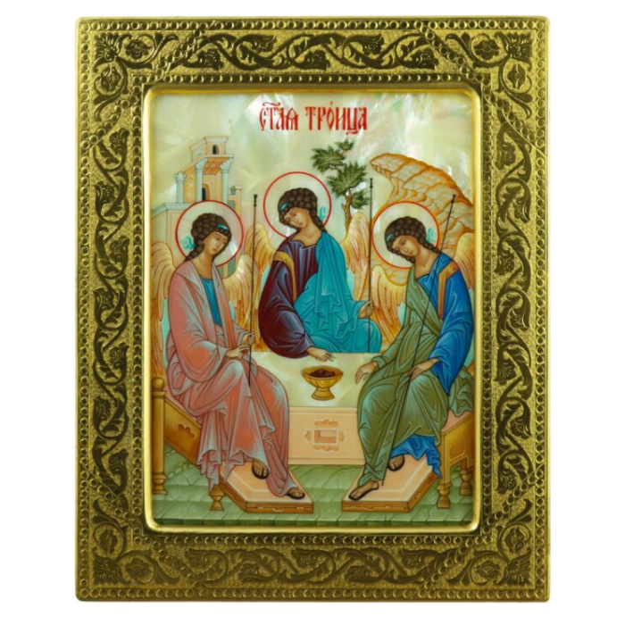 Icon of the Holy Trinity on natural mother-of-pearl in a gold frame