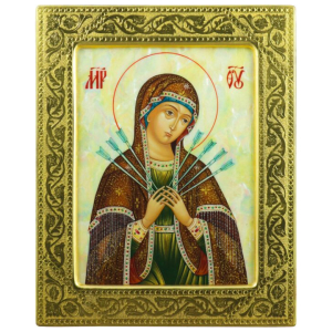 Icon of the "Seven-Arrow Mother of God" on natural mother of pearl in a gold frame